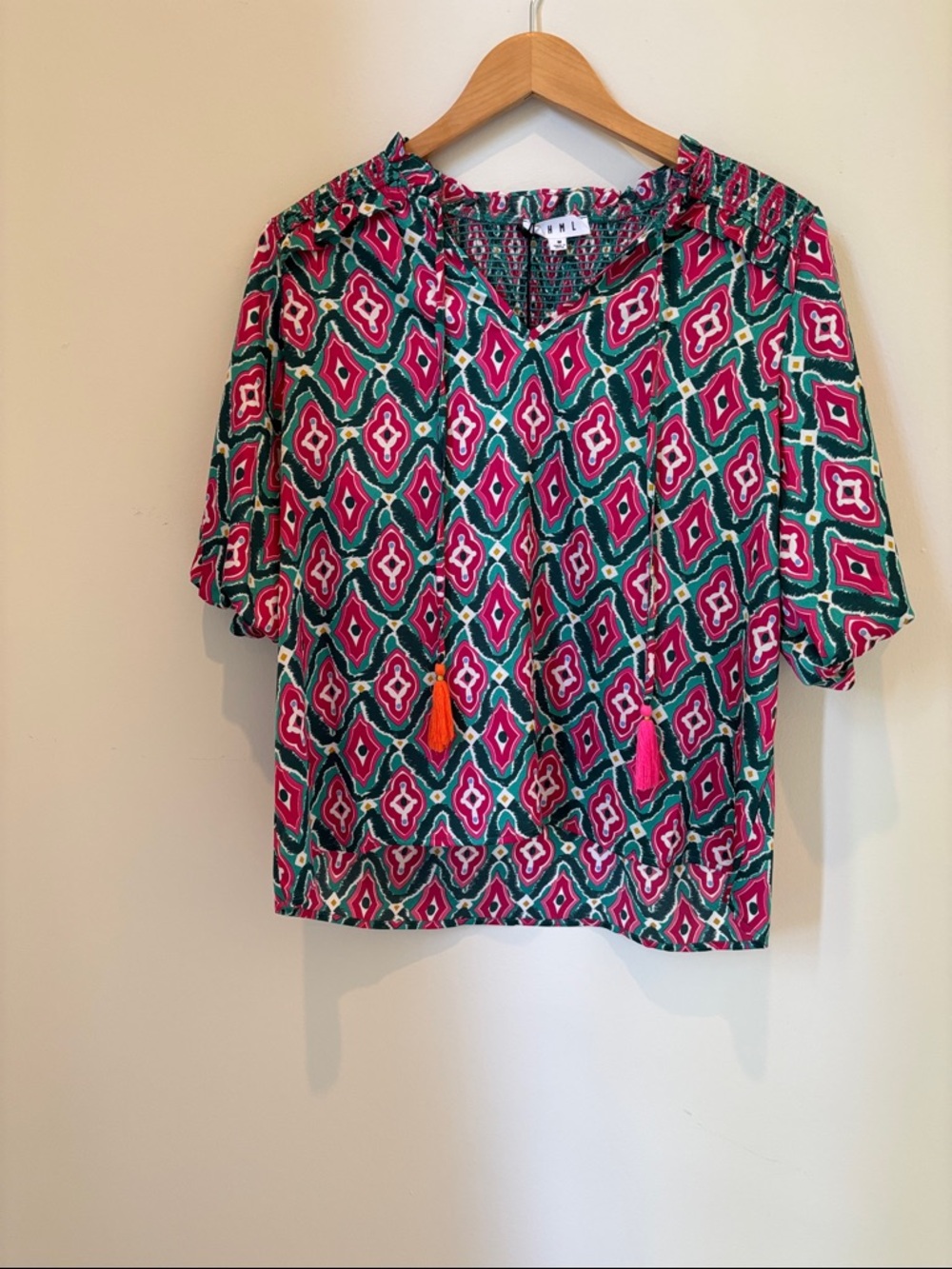 THML Teal and Hot Pink Printed Ruffle-Neck Puff Sleeve Blouse - Picture 6 of 16